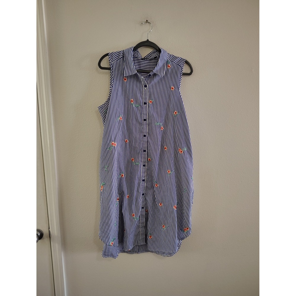 Mlle Gabrielle Blue White Striped Floral Embroidered Sleeveless Shirt‎ Dress XL